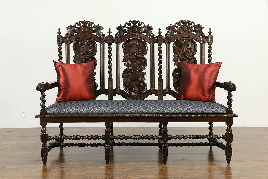 Main image of Black Forest Antique Carved Oak Settee Hall Bench, New Upholstery