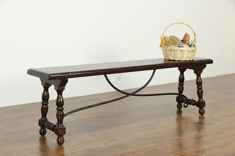 Main image of Spanish Colonial Antique Bench, Walnut & Wrought Iron