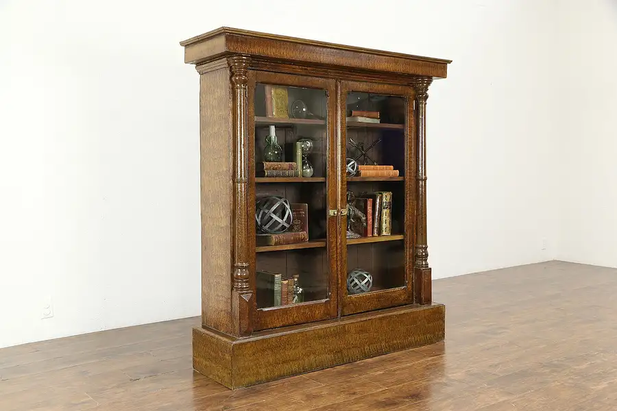 Main image of Victorian Antique Bookcase, Grain Painted Finish, Wavy Glass Doors