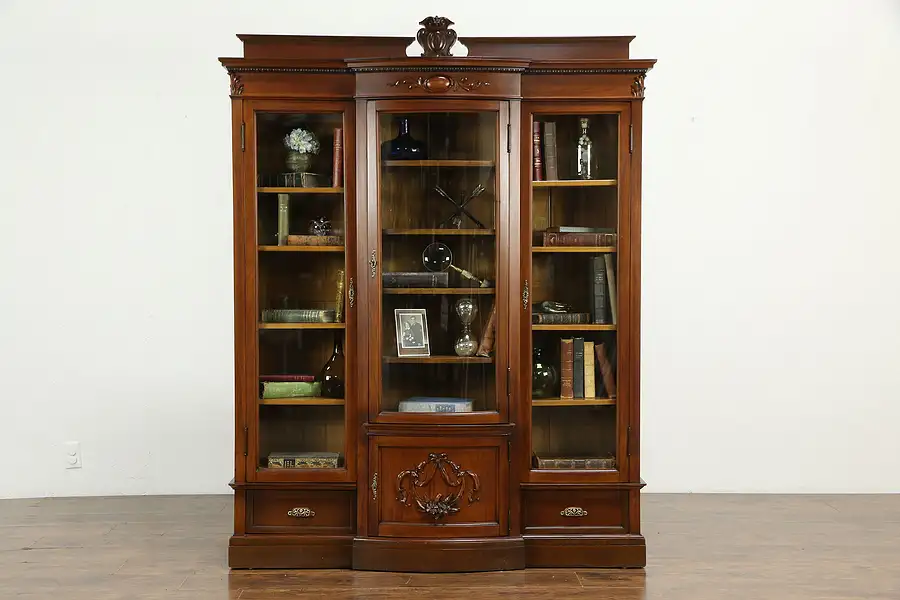 Main image of Victorian Antique Triple Library Bookcase, Curved Glass