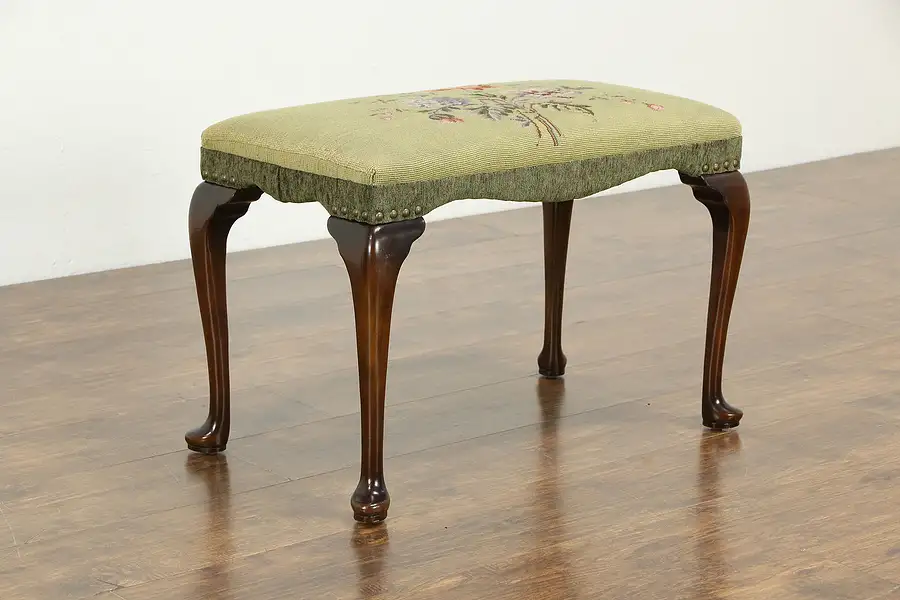 Main image of Traditional Maple Antique Bench, Hand Stitched Needlepoint Upholstery