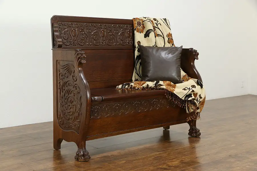 Main image of Oak Quarter Sawn Antique Hall Bench, Storage Seat, Carved Lion Heads