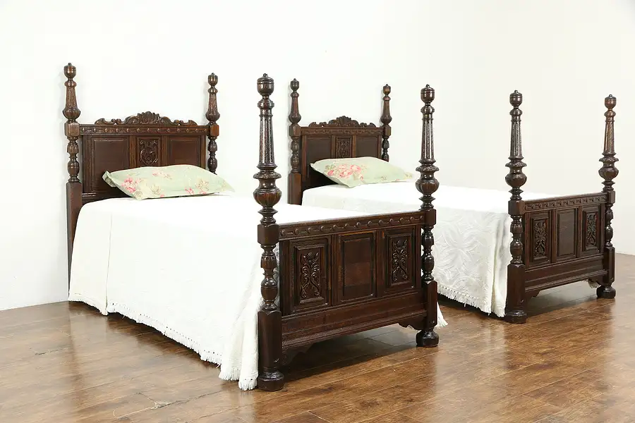 Main image of Pair of English Tudor Design Antique Carved Oak Twin or Single Beds