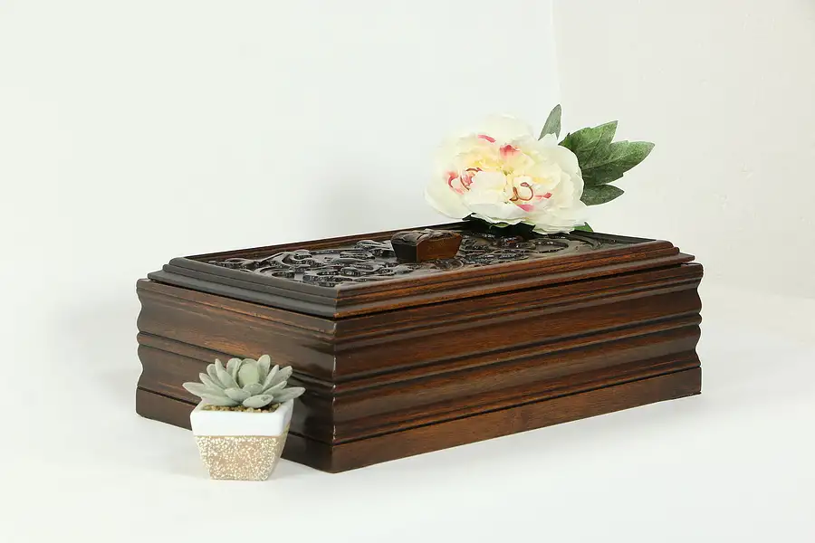 Main image of Hand Carved Walnut Antique Italian Covered Jewelry or Keepsake Box