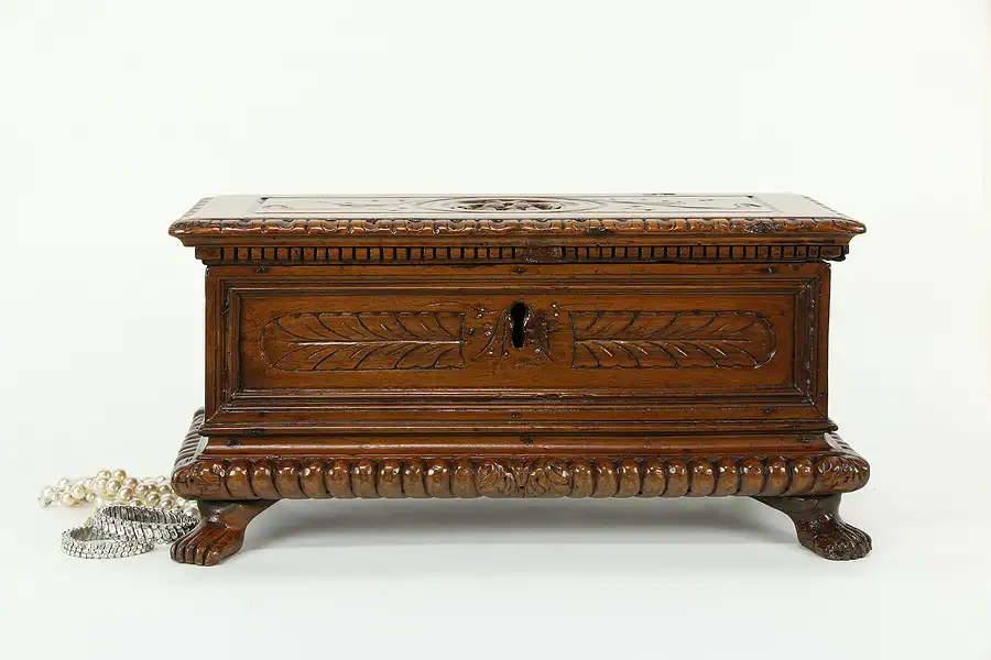 Main image of Italian Antique Hand Carved Walnut Jewelry or Keepsake Box, Lion Head