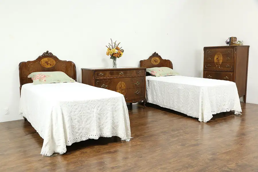 Main image of French Style Vintage Carved Bedroom Set, 2 Twin Beds, Dresser,Tall Chest