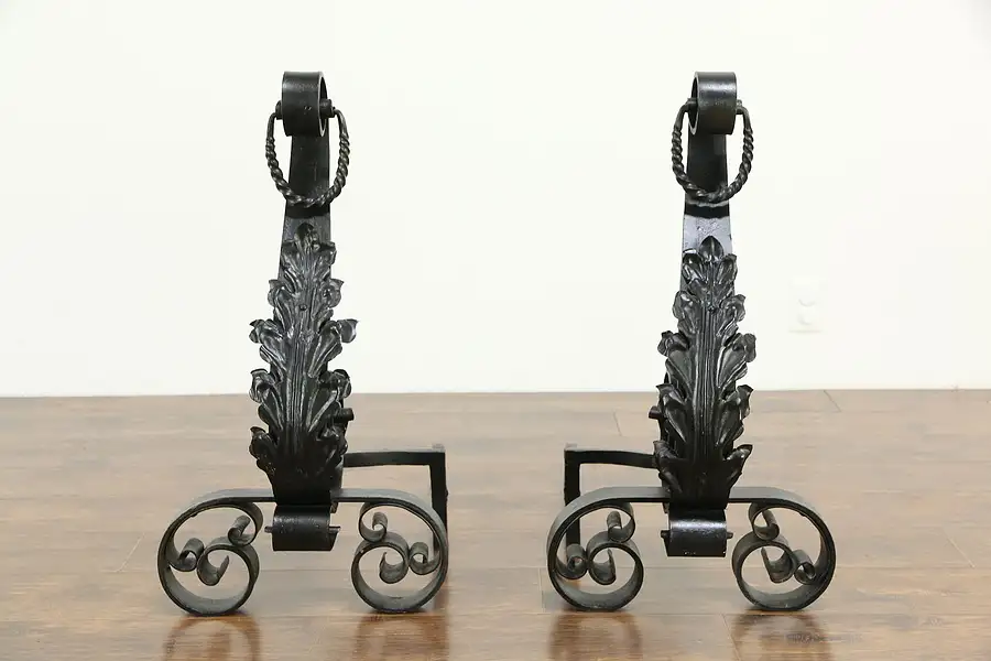 Main image of Pair of Antique Wrought Iron Large Fireplace Andirons