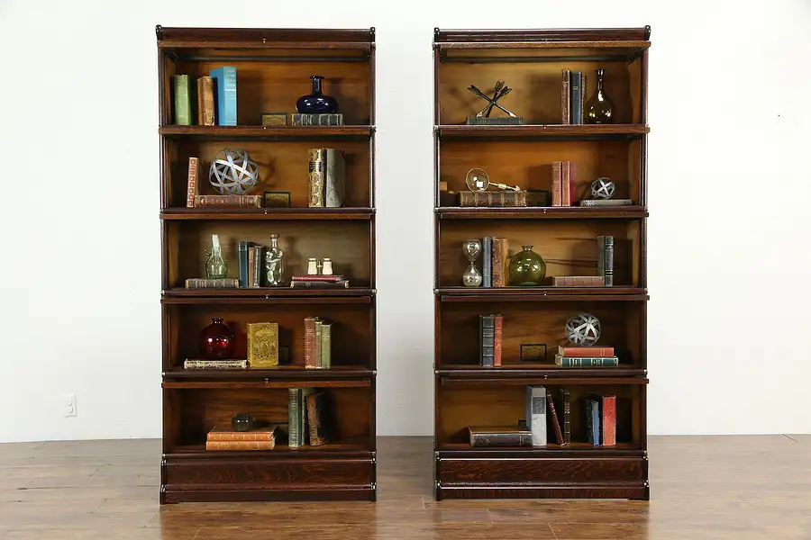 Main image of Pair of Antique Oak 5 Stack Globe Wernicke Lawyer Bookcases, Wavy Glass