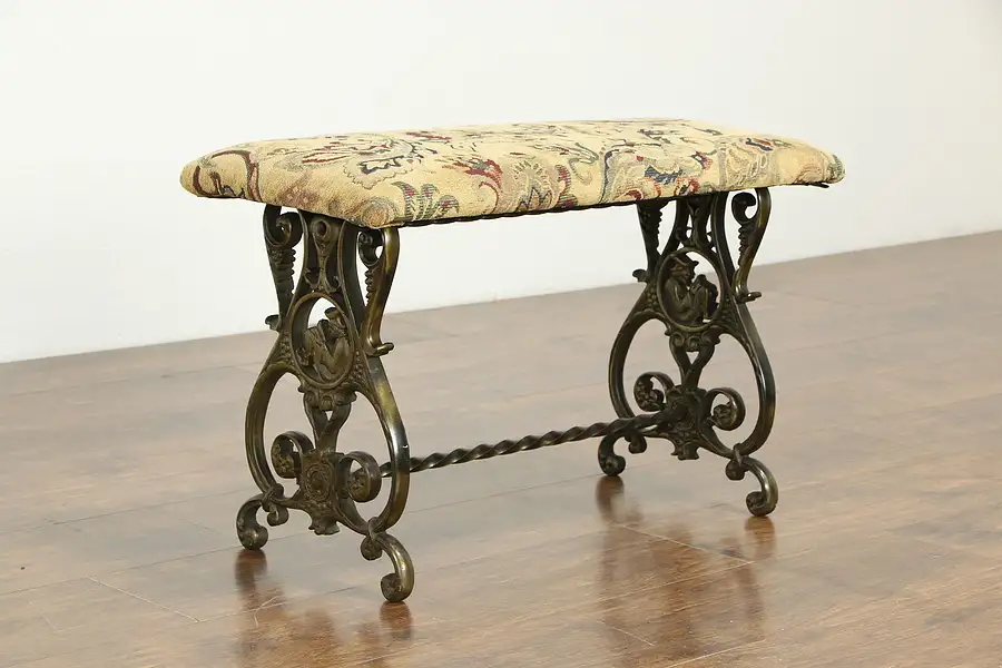 Main image of Cast Iron Antique Bench, New Upholstery, Scholar & Grapevine Motifs