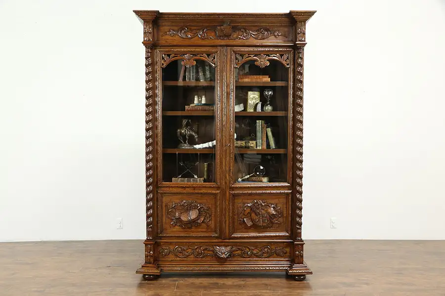 Main image of Black Forest Antique 1890 Oak Library Bookcase, Carved Art & Music Motifs