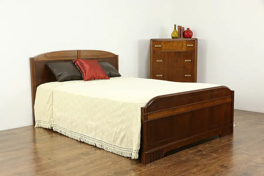 Main image of Art Deco Vintage Walnut 2 Piece Bedroom Set, Full Size Bed & Tall Chest