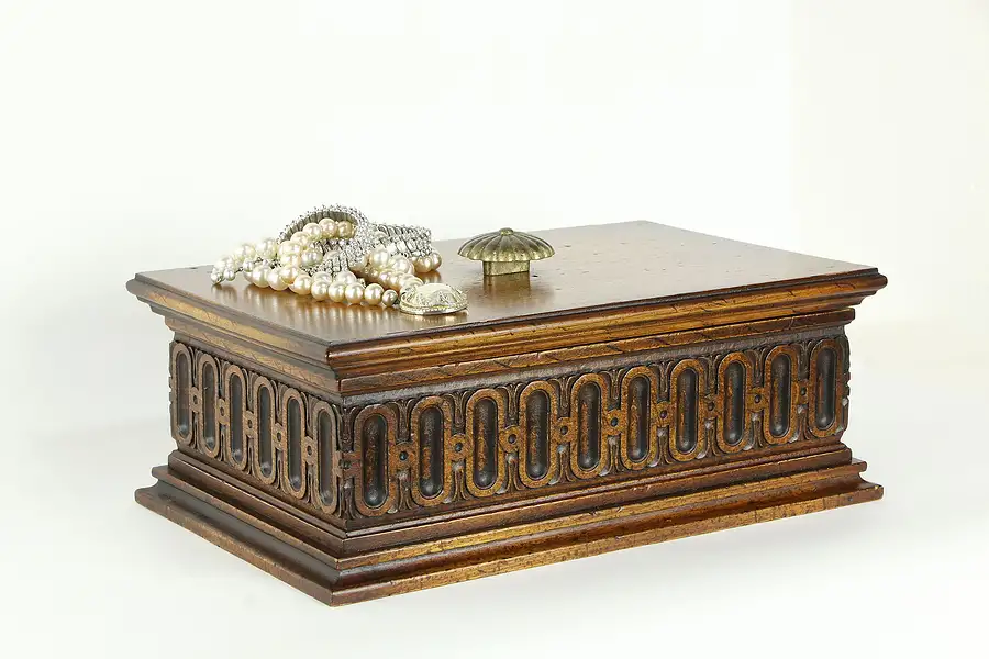 Main image of Carved Mahogany Vintage Jewelry Chest or Box, Velvet Lined