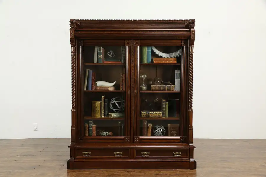 Main image of Victorian Eastlake Antique Carved Walnut & Cherry Library Bookcase