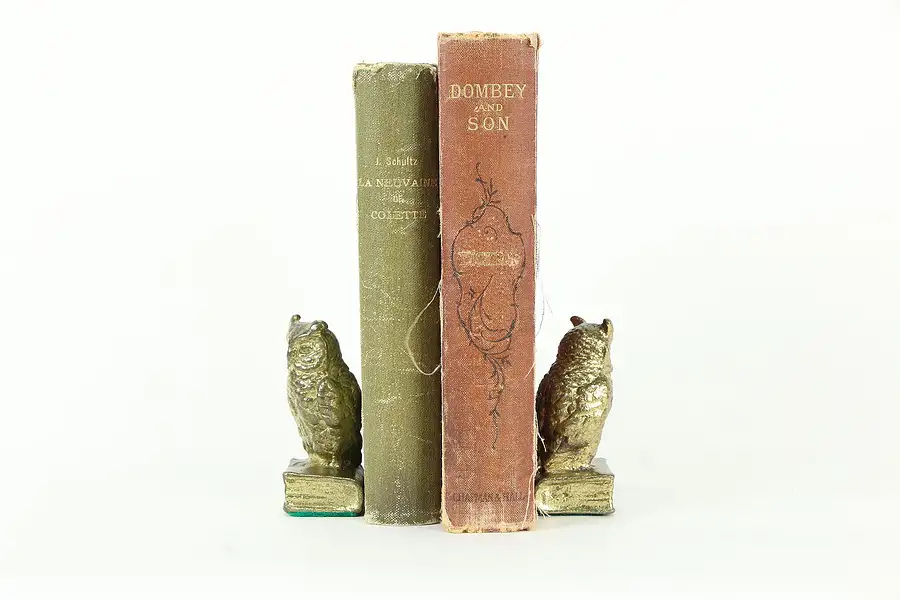 Main image of Brass Owl on Book Pair of Small Antique Bookends