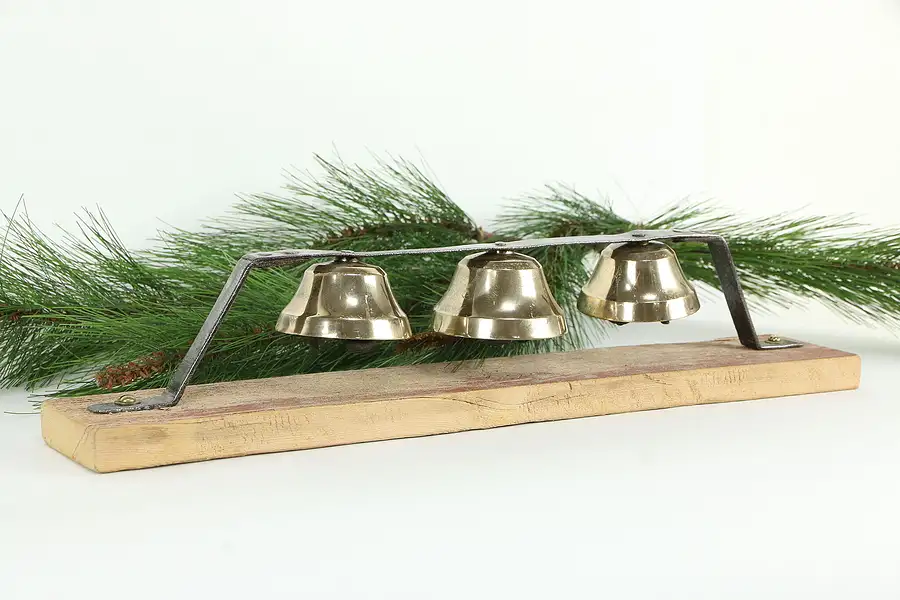 Main image of Set of 3 Antique Brass Sleigh Bells Mounted on Board