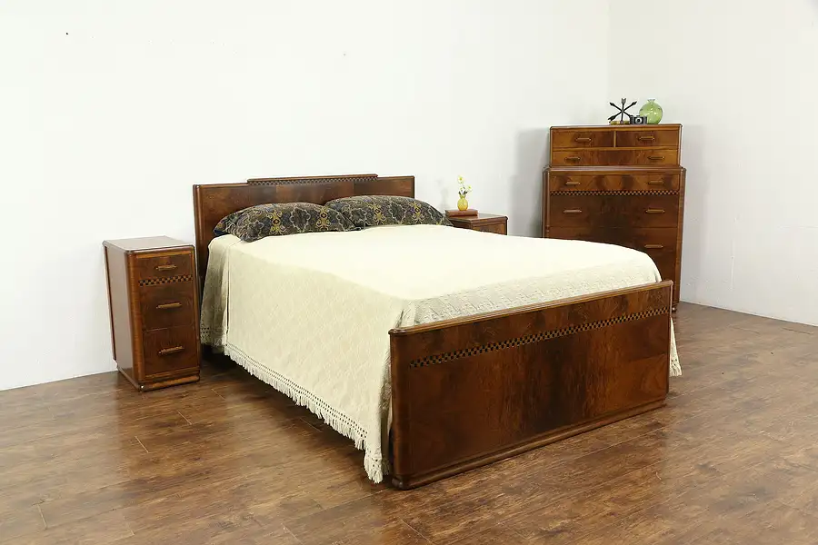 Main image of Art Deco Vintage 4 Pc Bedroom Set, Full Size Bed, Highboy, 2 Nightstands