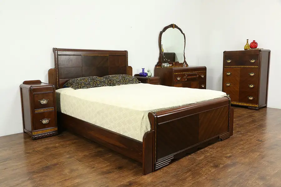 Main image of Art Deco Vintage 5 Pc Bedroom Set, Queen Size Bed