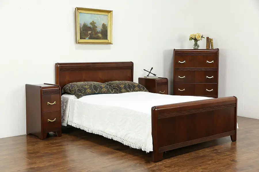 Main image of Walnut Waterfall Deco Bedroom Set, Full Bed, Dresser, Nightstands