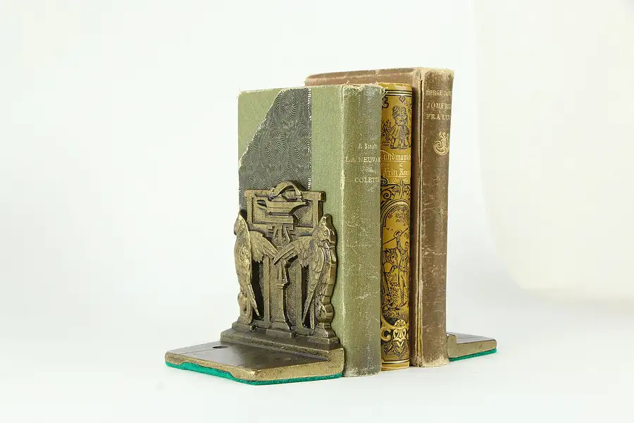 Main image of Pair of Owl & Aladdin Lamp Antique Bookends Signed Judd