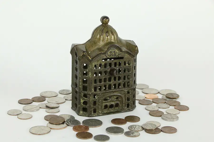 Main image of Cast Iron Victorian Building Antique 5" Coin Bank