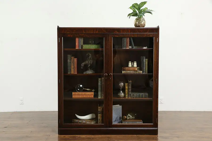 Main image of Oak Quarter Sawn Antique Library Bookcase, Glass Doors & Locks