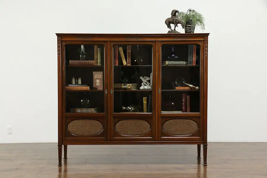 Main image of Carved Mahogany Antique 1910 Triple Office Bookcase, Wavy Glass