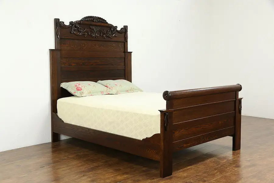 Main image of Victorian Antique 1900 Carved Oak Queen Size Bed