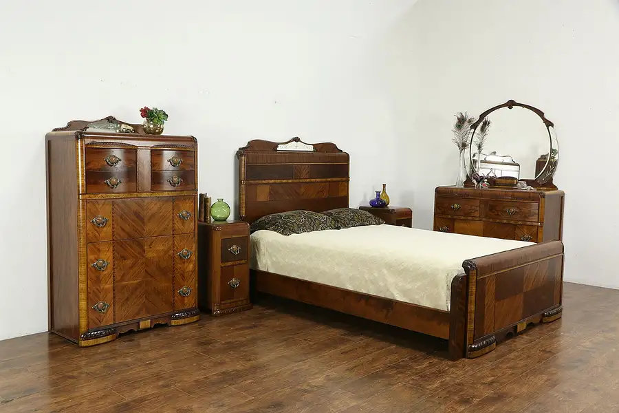 Main image of Art Deco Vintage 5 Pc Waterfall Bedroom Set Queen Size Bed