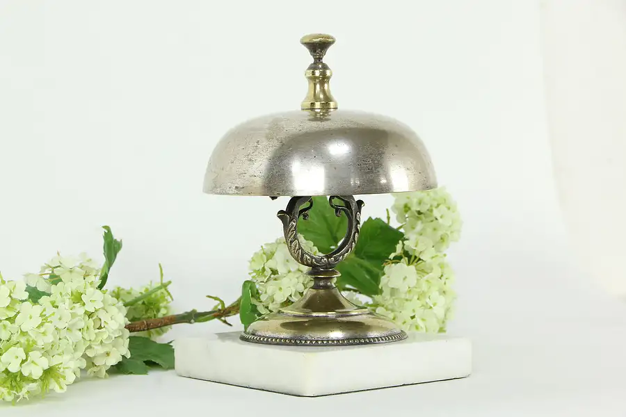 Main image of Victorian Antique Brass & Nickel Counter Bell, Marble Base, Pat 1874