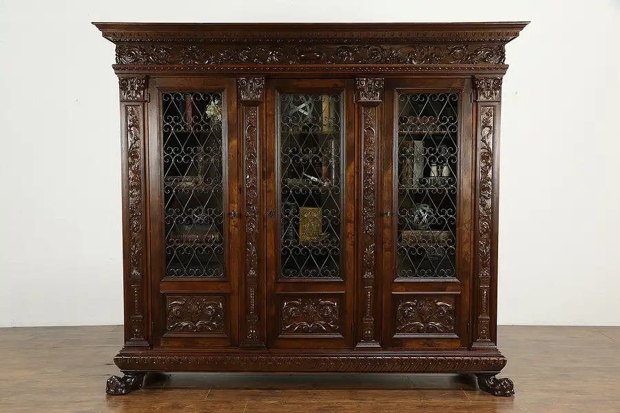 Main image of Renaissance Italian Antique Bookcase, Iron Grill Doors, Lion Paw Feet