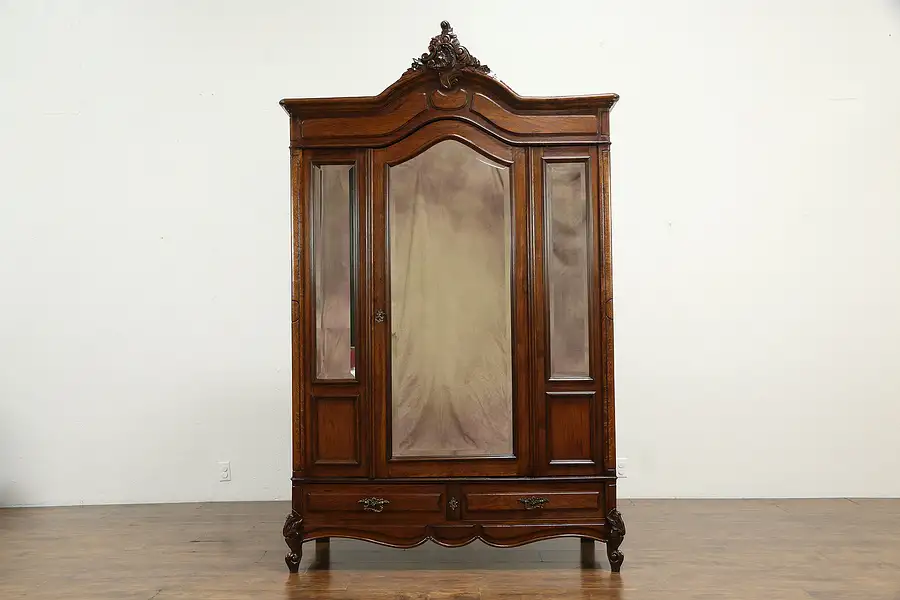 Main image of Oak Antique French Armoire, Wardrobe or Closet, Beveled Mirrors