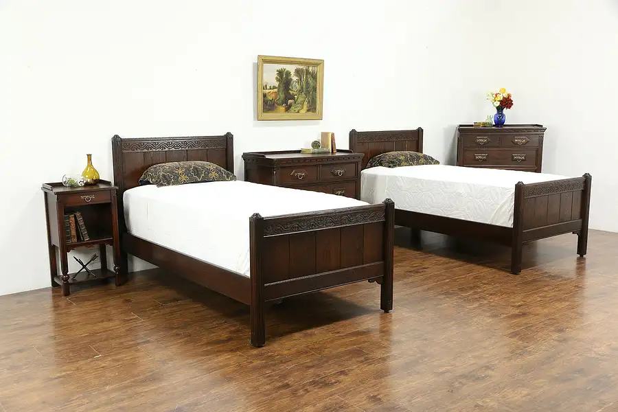 Main image of Oak Antique Tudor Bedroom Set 2 Chests, Twin Beds, Nightstand, Imperial