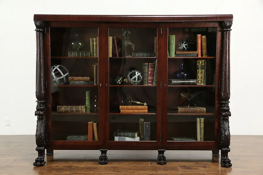 Main image of Empire Triple Antique Mahogany Bookcase, Carved Acanthus & Lion Paws