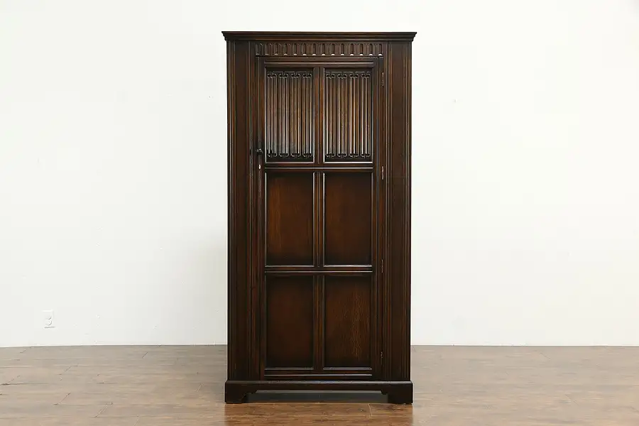 Main image of Oak English Vintage Armoire, Wardrobe or Closet, Linen Fold Carving