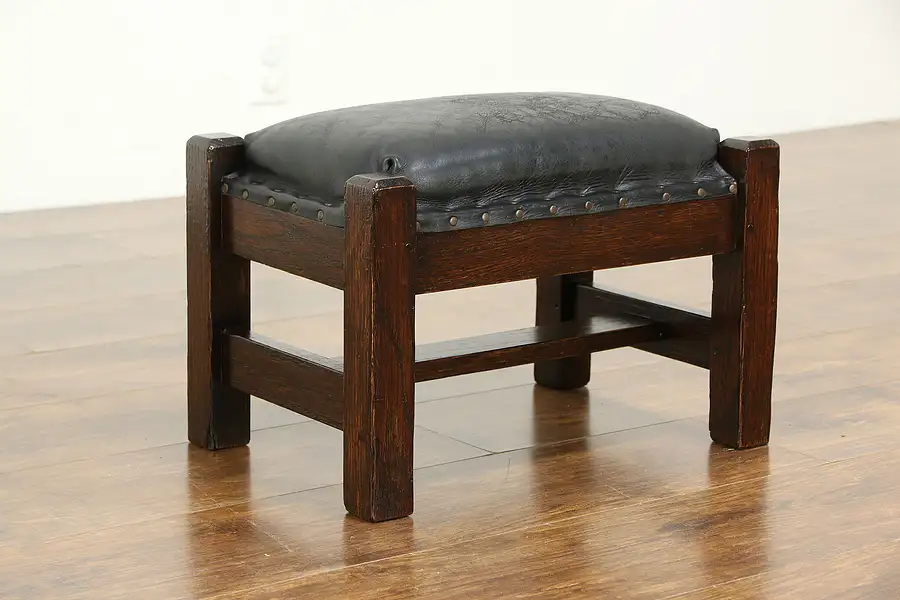 Main image of Arts & Crafts Mission Oak Antique Craftsman Footstool, Leather Upholstery