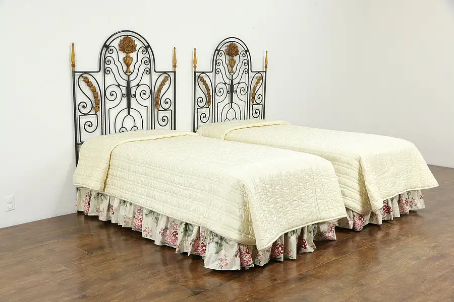 Main image of Pair of Twin Size Vintage Wrought Iron Beds, Carved Wood Mounts