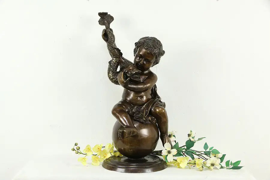 Main image of Bronze Vintage Sculpture of Boy with Dolphin Statue 32" tall