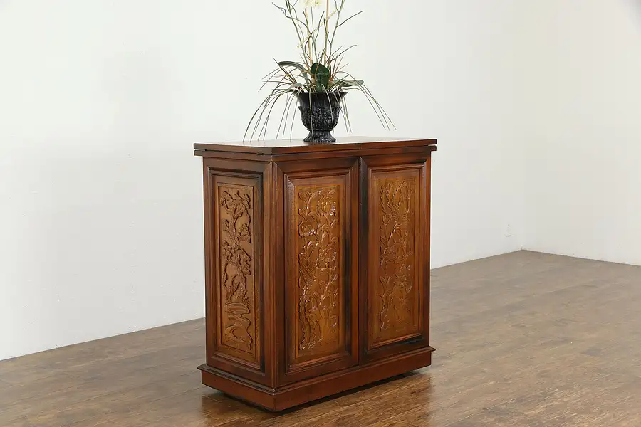 Main image of Midcentury Modern Teak Chinese Folding Bar Cabinet, Marble Top