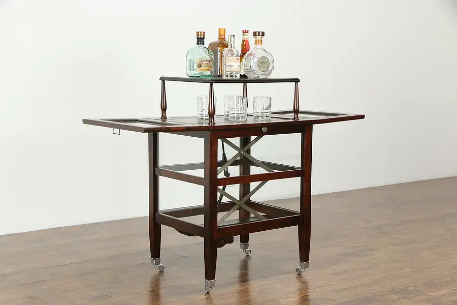 Main image of Art Deco Mahogany Antique Rolling Bar Cart, Beveled Glass Lift Doors