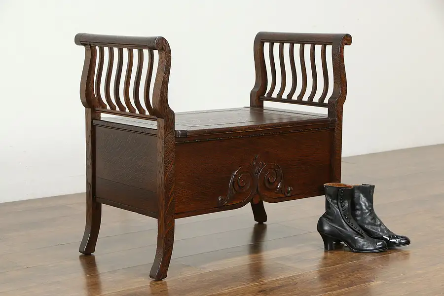 Main image of Victorian Antique Quarter Sawn Oak Hall Bench, Scrolled Arms