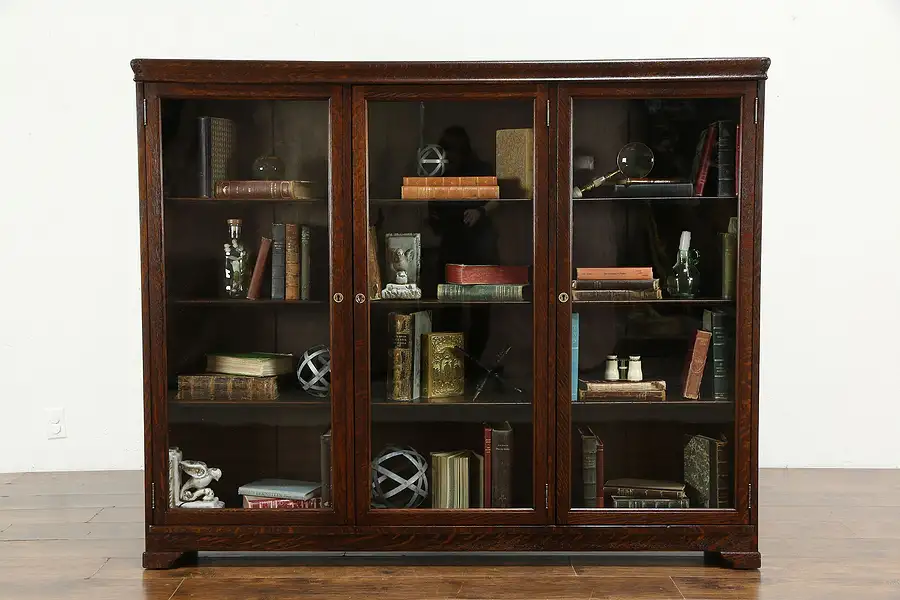 Main image of Oak Quarter Sawn Antique Triple Bookcase, Wavy Glass, Adjustable Shelves