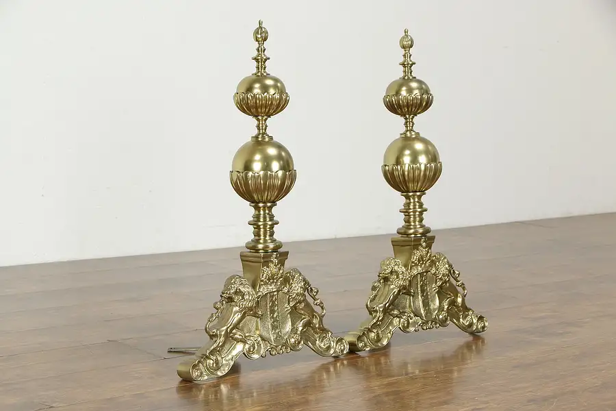 Main image of Pair of Antique Brass Fireplace Hearth Andirons, Lions & Scepter Motifs