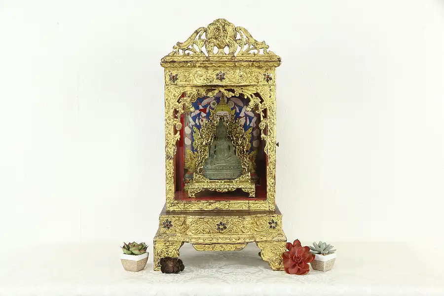 Main image of Bronze Buddha & Carved Gold Case, Vintage Thai Home Buddhist Shrine