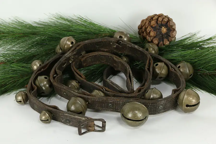 Main image of Victorian Antique Brass Musical Sleigh Bells Set, 88" Leather Harness