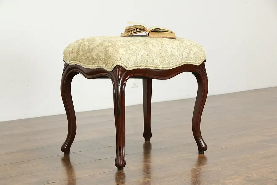 Main image of Carved French Style Vintage Fruitwood Bench or Stool, New Upholstery