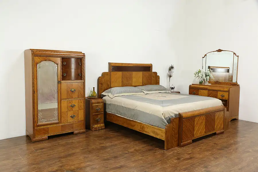 Main image of Art Deco Waterfall Design 1930's Vintage 5 Pc. Bedroom Set, King Size Bed