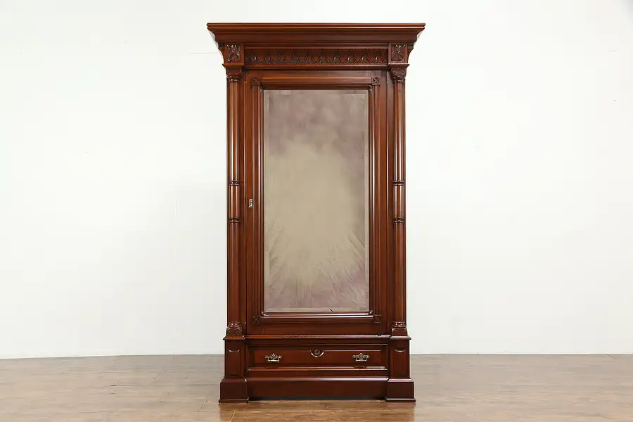 Main image of Victorian Eastlake Antique Walnut Armoire Wardrobe Closet, Beveled Mirror