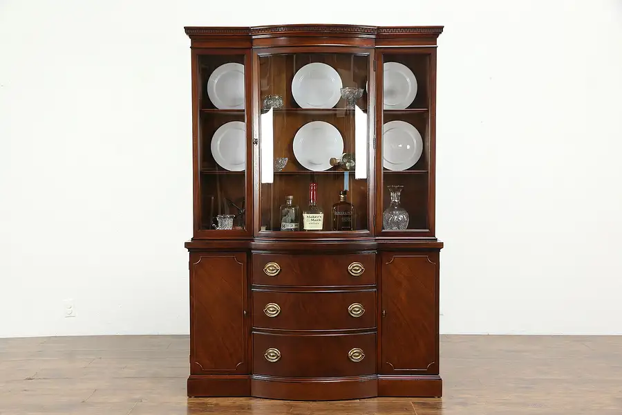 Main image of Traditional Vintage Mahogany Breakfront China Cabinet Curved Glass Drexel