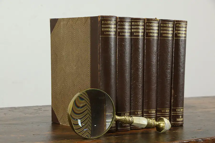 Main image of Set of 6 Leatherbound Danish Encyclopedia Books, Copenhagen 1952