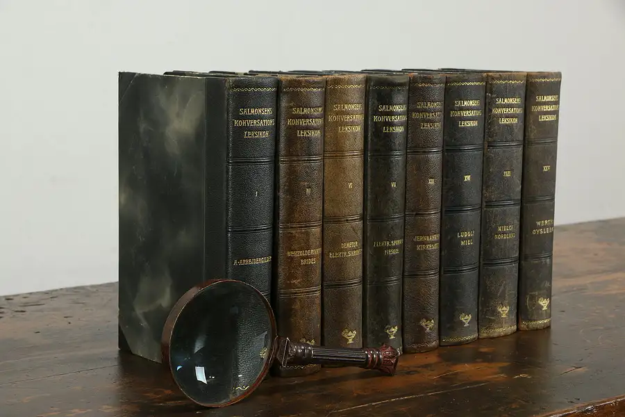 Main image of Leatherbound 8 Volume Danish Encyclopedia Book Set, Illustrated, 1928